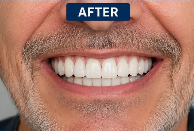 After — implant-supported bridge with stable, natural smile